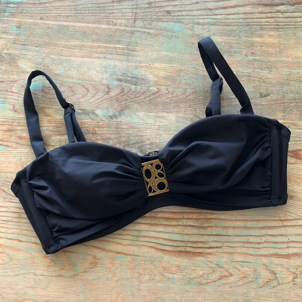 BECCA By Rebecca Virtue Black & Brass Adjustable Straps Bikini Top Sz S- EUC - Picture 1 of 7